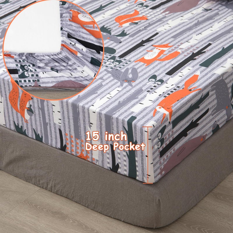 JSD مجموعة ملاءات أطفال بطبعة حيوانات الغابة من JSD، 4 قطع، ملاءات سرير ناعمة من الألياف الدقيقة مع جيب عميق - Image 2